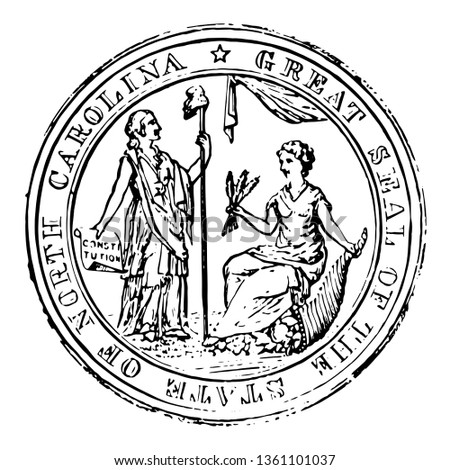 Great seal of North Carolina authorized by constitution in 1776 vintage line drawing.