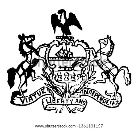 Pennsylvania seal showing 2 running horses on either sides and the shield crest is an eagle encircled by the inscription,