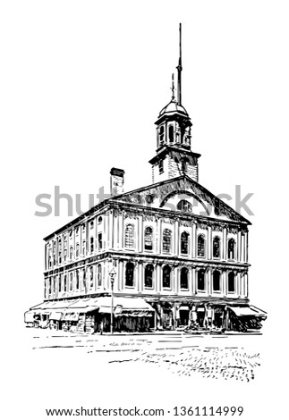 Faneuil Hall is a government center in Boston which was site of several speeches by Samuel Adams, James Otis vintage line drawing.