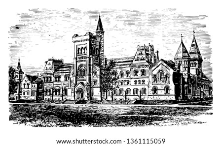 University of Toronto, 1901 is first institue of higher learning in upper Canada, excels in geography, sports, anatomy, physiology etc. It is public research university vintage line drawing.
