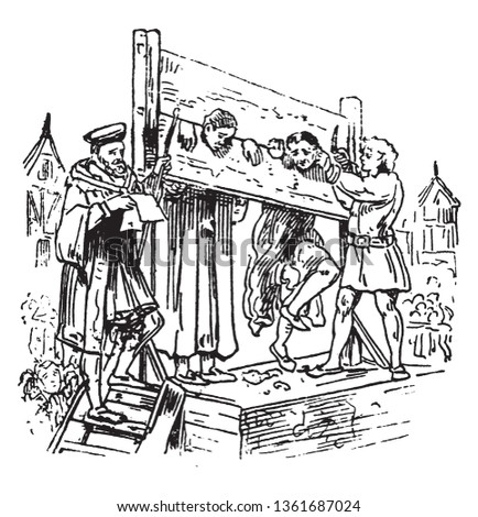 Pillory is a wooden framework with holes for the head and hands in which an offender was imprisoned and exposed to public abuse, vintage line drawing or engraving illustration. Stockfoto © 