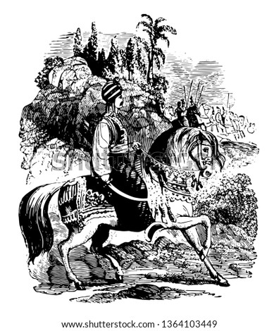 An image of a Saracen sitting on a horse, vintage line drawing or engraving illustration.