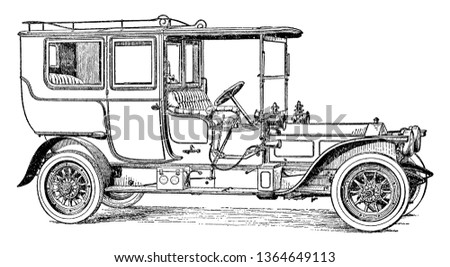 Six Cylinder Rolls Royce Pullman Limousine operated at 40 to 50 horsepower with an open driver compartment, vintage line drawing or engraving illustration.