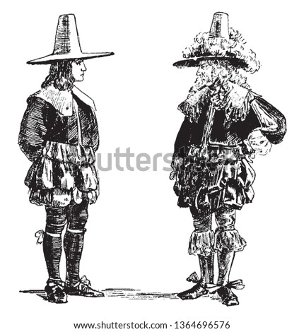 William Penn standing with his Father Sir William Penn, vintage line drawing or engraving illustration.