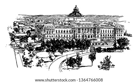 Library of Congress is research library and is nation's oldest federal cultural institution vintage line drawing.