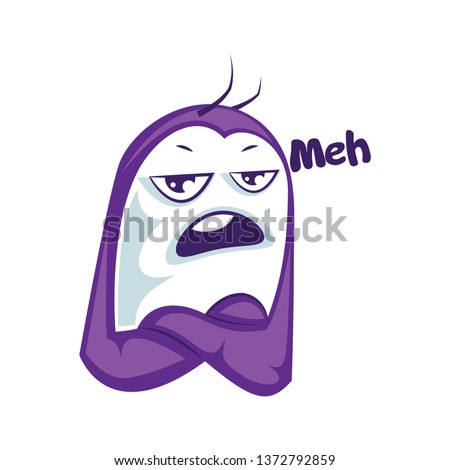 Purple monster saying Meh vector sticker illustration on a white background