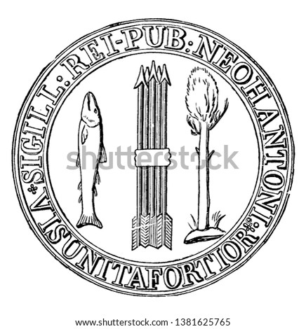 The first seal of New Hampshire, this circle shape seal has five arrows in middle, pine tree and upright fish on either side of arrows, SIGILL REI - PUB NEOHANTONI  VIS UNITA FORTIOR is written