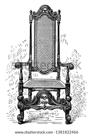 William Penn's Chair has long back, curvy armrest, center seat and backrest are woven by wire, vintage line drawing or engraving illustration