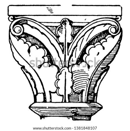 Romanesque Capital, is found in cloisters of a church, a simpler design, reminiscent of the Antique style, vintage line drawing or engraving illustration.