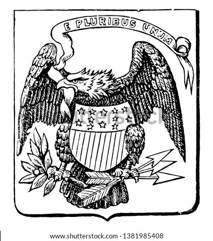 The Great Seal of the United States, 1782, this shield shape seal has bald eagle with motto E PLURIBUS UNUM has shield with stars and stripes at its chest, and holding olive branch and arrows, vintage