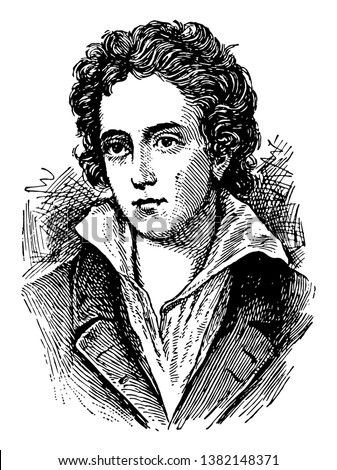 Percy Bysshe Shelley was one of the major English Romantic poets, vintage line drawing or engraving illustration