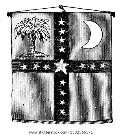 On the day that South Carolina proclaimed sovereignty, this verticle rectangle flag divide into four part with stars, upper left side has a tree and right side half moon, vintage line drawing