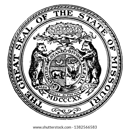 The Great Seal of the State of Missouri, this seal has two bears hold shield with national seal and moon, The scroll holds the state motto, Salus Populi Suprema Lex Esto, vintage line drawing