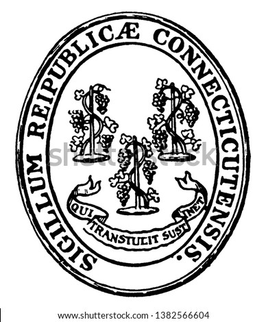 The Seal of the State of Connecticut (Sigillum reipublicae Connecticutensis). The seal in oval shape shows three grapevines with their motto underneath, 'Qui transtulit sustinet', vintage line drawing