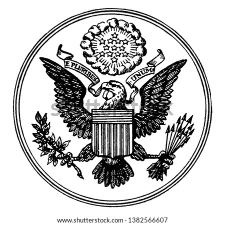 Great Seal of the United States, this circle shape seal has bald eagle with motto E PLURIBUS UNUM has shield at its chest, and holding olive branch and arrows, stars on top, vintage line drawing