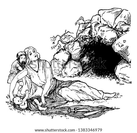This picture shows that Sigmund, his wife, Segalende and his son, Siegfried are attacked by robbers while they are travelling, vintage line drawing or engraving illustration.