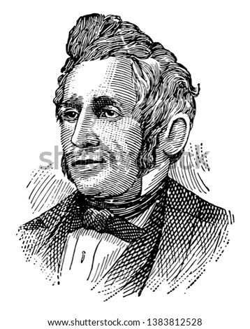 Charles Goodyear, 1800-1860, he was an American chemist and manufacturing engineer who developed vulcanized rubber, vintage line drawing or engraving illustration