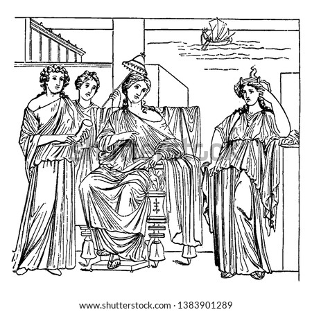 A sketch showing Dido looking sadly at the boat in which Aeneas departed, vintage line drawing or engraving illustration.