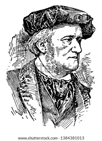 Wilhelm Richard Wagner, 1813-1883, he was a German composer, theatre director, polemicist, and conductor, vintage line drawing or engraving illustration