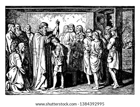 An image of Samuel pouring oil on David's head and anointing him as a King instead of Saul. David can be seen holding a small stuff in his hand, vintage line drawing or engraving illustration.