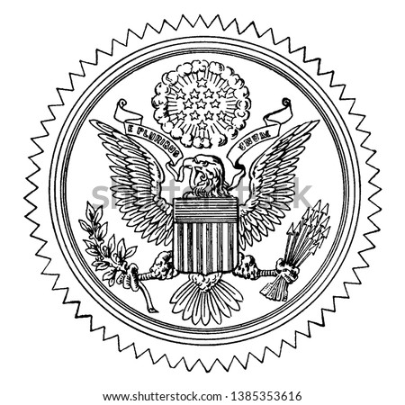 The Great Seal of the United States, this circle shape seal has bald eagle with motto E PLURIBUS UNUM has shield at its chest, and holding olive branch and arrows, stars on top, vintage line drawing