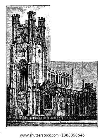 St. Mary's Church Cambridge, parish church in the Diocese of Ely, north end of King's Parade, designated by Historic England, vintage line drawing or engraving illustration. Stok fotoğraf © 