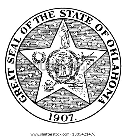 The Great Seal of the State of Oklahoma, 1907, this seal shows star of five points, in center two men facing each other and shaking hands, vintage line drawing or engraving illustration 