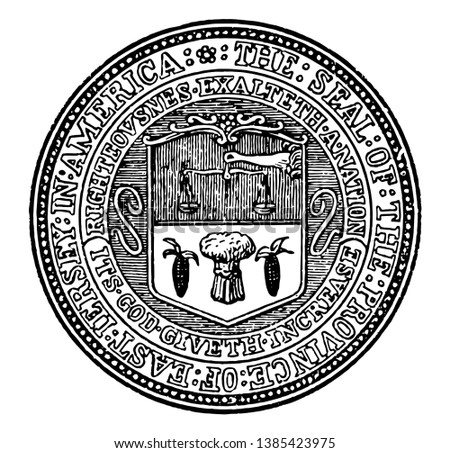 The seal of the eastern part of the New Jersey colony, this circle shape seal has a balance scale hanging with the help of right hand, below that two verticle corns and in middle a sheaf, vintage