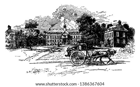 William and Mary College (1723) or College of William and Mary, public university, in Williamsburg, Virginia, United States, vintage line drawing or engraving illustration.
