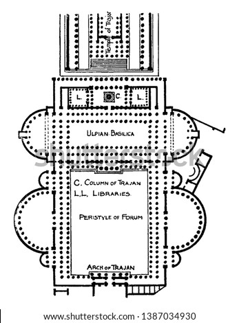 Forum and Basilica of Trajan,  the order of Emperor Trajan, the spoils of war,  the conquest of Dacia, vintage line drawing or engraving illustration.