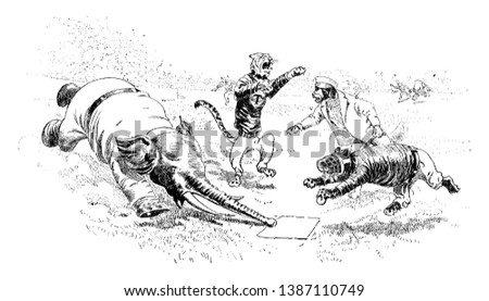 Baseball in Jungleville 4, this scene shows an elephant put his trunk down on paper kept on ground, one animal wore helmet holding ball, other animals standing behind them, vintage line drawing Foto stock © 