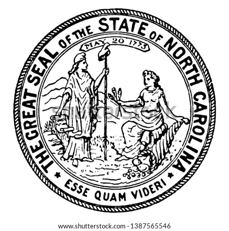 The Great Seal of the State of North Carolina, 1773, this seal has two female figures looking toward each other, one female is sitting on horn holding grains in hand, other female holding paper.