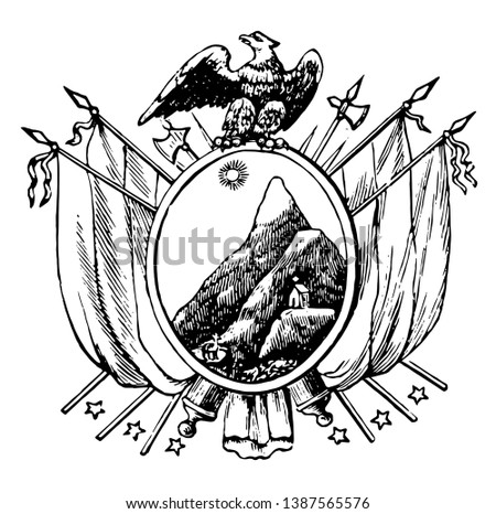 Coat of Arms, Bolivia, this seal has two flags with two crossed riffles on each side of oval shape, oval shape has mountains and sunrise, eagle on top of seal, vintage line drawing or engraving