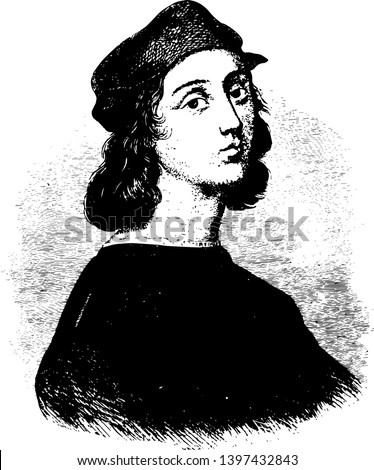 Raphael Sanzio are from the painting by himself vintage line drawing or engraving illustration.