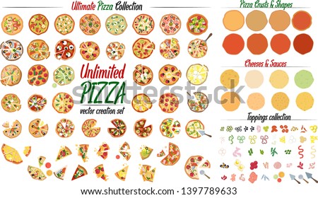 Create unlimited variation with the Ultimate Pizza collection set. Create your own pizza with 50 different pizza design and tons of toppings, crusts and cheeses. Vector illustrations.