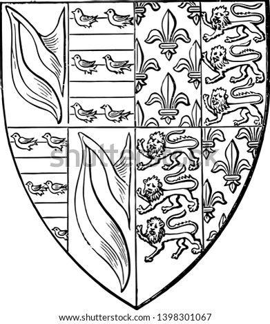 Shield of John de Hastings are impaling France ancient and England quarterly vintage line drawing or engraving illustration.