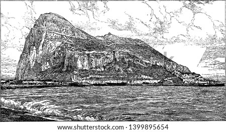 Gibraltar is connected with the Spanish mainland only by a flat strip of sandy ground, vintage line drawing or engraving illustration.