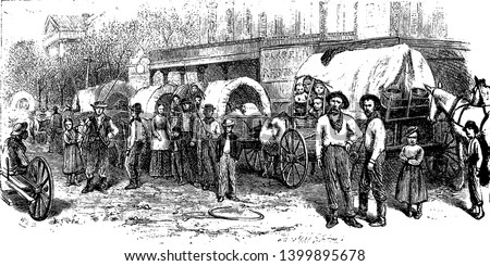 Wagon Train is a convoy or train of covered horse drawn wagons as used by pioneers or settlers in North America, vintage line drawing or engraving illustration.