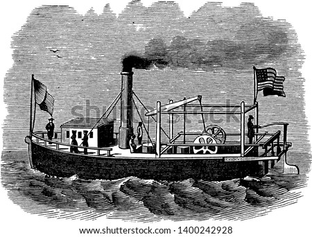 Fitch Steamboat was most famous for operating the first steamboat service in the United States, vintage line drawing or engraving illustration.