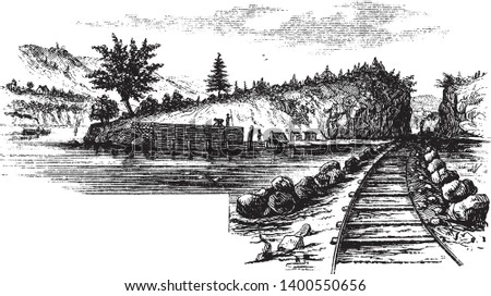 Beverly Dock covered with cord wood is seen near the point on the left, vintage line drawing or engraving illustration.