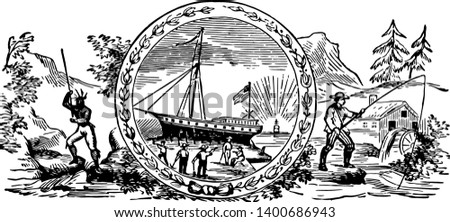 The seal of colonial New Hampshire in 1629 this seal has a man with spear in left side center part covered with ship on harbor and few workers sea right side a fisherman mountain trees and house