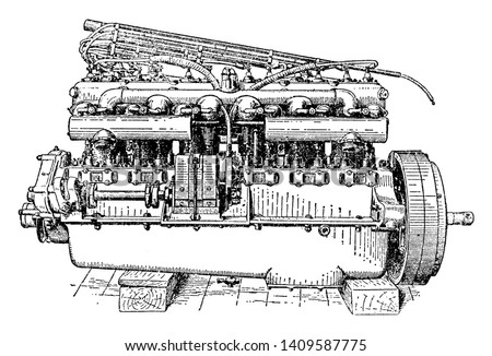Valve Side View of Six Cylinder Rolls Royce Engine used to ignite fuel in the engine at a high voltage by using a spark plug  gap, vintage line drawing or engraving illustration.