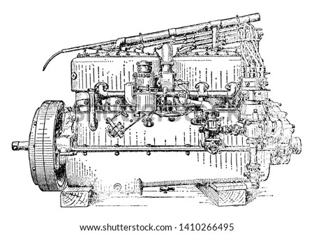 Carburetor Side View of Six Cylinder Rolls Royce Engine used to mix air and fuel in the engine, vintage line drawing or engraving illustration.