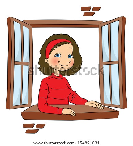 Vector Illustration Of A Smiling Girl Looking Out Through Window ...