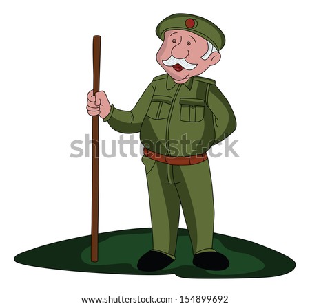 Vector illustration of a security guard holding wooden stick.