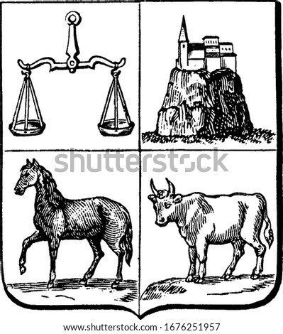 Coat of Arms, Uruguay, with four elements, a Scales of Justice, Argent in base Barry wavy Argent, a horse sable and an ox, vintage line drawing or engraving illustration.