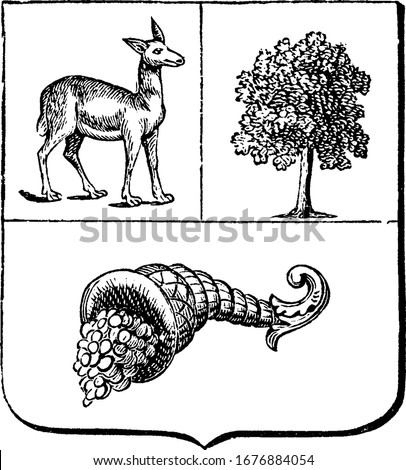 Coat of Arms, Peru, shows three elements, the vicuña, the national animal, cinchona tree and cornucopia with coins spilling from it at the bottom, vintage line drawing or engraving illustration.