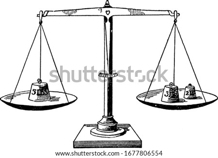 A typical representation of a balance scale holding 5 pounds on the left and 3- and 2-pound weights on the right showing 3+2=5, vintage line drawing or engraving illustration.