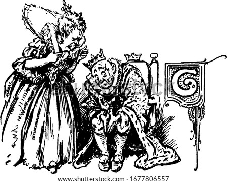The picture depicts a queen bending and telling to an old king Cole seated in the throne, not to have fiddlers so late, vintage line drawing or engraving illustration.