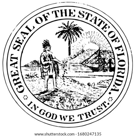 The former Great Seal of Florida, seal has an farmer palm tree, the sun, and some uncharacteristic mountains, vintage line drawing or engraving illustration 